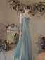 Simple Bleu Ciel Robe De Bal 2022 Princesse Bretelles Spaghetti Sans Manches Dos Nu Noeud Longue Robe De Ceremonie