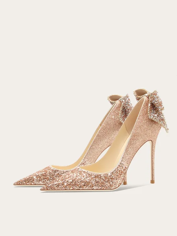 Glittrande Champagne Paljetter Rosett Läder Brudskor 2024 10 cm Stilettklackar Spetsiga Bröllop Pumps Högklackade