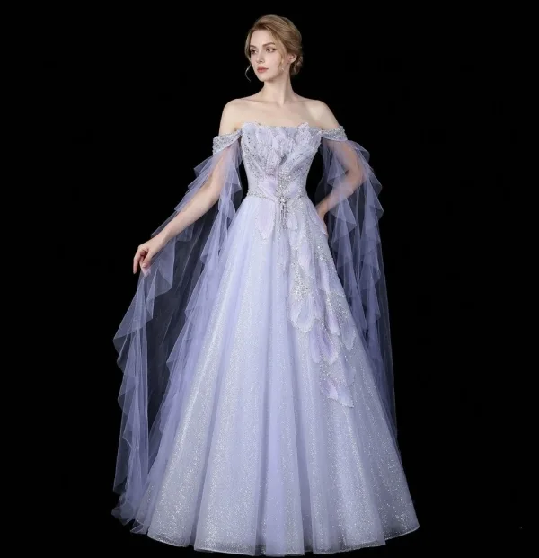 Luxe Lavande Fait main Perlage Faux Diamant Paillettes Robe De Bal 2026 Princesse De l'épaule Sans Manches Dos Nu Longue Tulle Robe De Ceremonie
