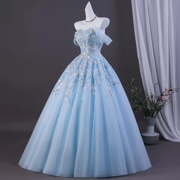 Voluminös Himmelblau Perlenstickerei Pailletten Applikationen Ballkleider 2026 Ballkleid Off Shoulder Kurze Ärmel Rückenfreies