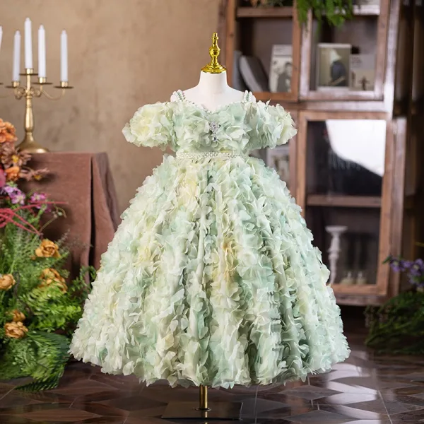 Flower Fairy Sage Green Appliques Birthday Flower Girl Dresses 2025 Ball Gown Spaghetti Straps Pearl Short Sleeve Backless Floor-Length / Long