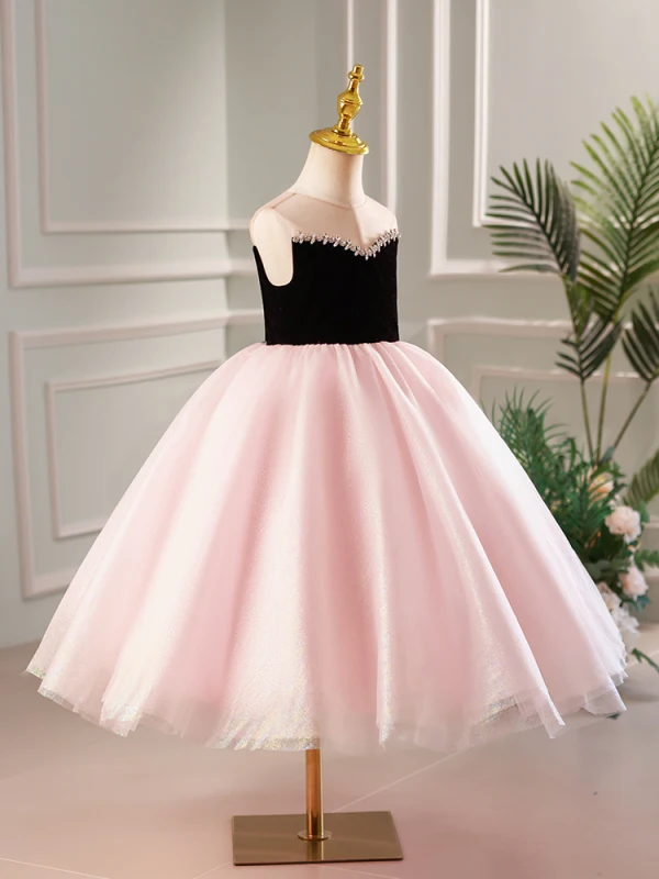 Elegant Blushing Pink Rhinestone Birthday Flower Girl Dresses 2023 Ball Gown Scoop Neck Sleeveless Backless Tea-length