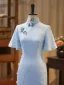 Chinese style Sky Blue Printing Split Front Silk Cheongsam / Qipao 2026 Trumpet / Mermaid High Neck Short Sleeve Tea-length
