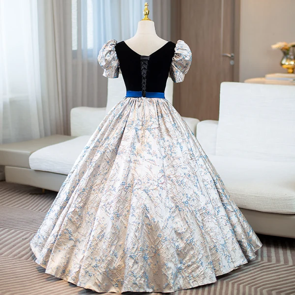 Elegant Navy Blue Embroidered Bow Sash Prom Dresses 2024 Ball Gown V-Neck Puffy Short Sleeve Floor-Length / Long Prom Formal Dresses