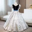 Elegant Navy Blue Embroidered Bow Sash Prom Dresses 2024 Ball Gown V-Neck Puffy Short Sleeve Floor-Length / Long Prom Formal Dresses
