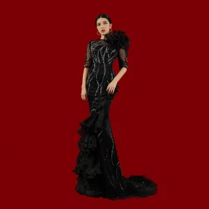 Haut De Gamme Noire Fait Main Perlage Paillettes Robe De Soirée 2023 Trompette Sirène Encolure Dégagée Appliques 1 2 Manches Ceinture Train De Balayage Soirée Robe De Ceremonie