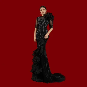 Haut De Gamme Noire Fait Main Perlage Paillettes Robe De Soirée 2023 Trompette Sirène Encolure Dégagée Appliques 1 2 Manches Ceinture Train De Balayage Soirée Robe De Ceremonie