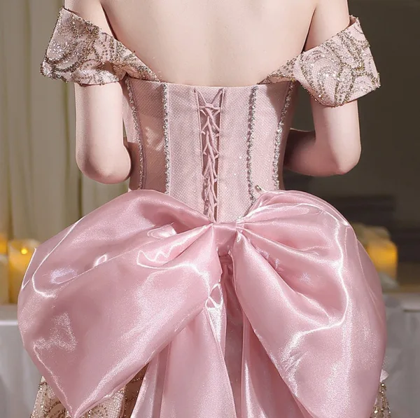 High End Glitzernden Rosa Strass Pailletten Schmetterling Ballkleider 2026 A Linie Off Shoulder Ärmellos Rückenfreies Schleife Lange Festliche Kleider
