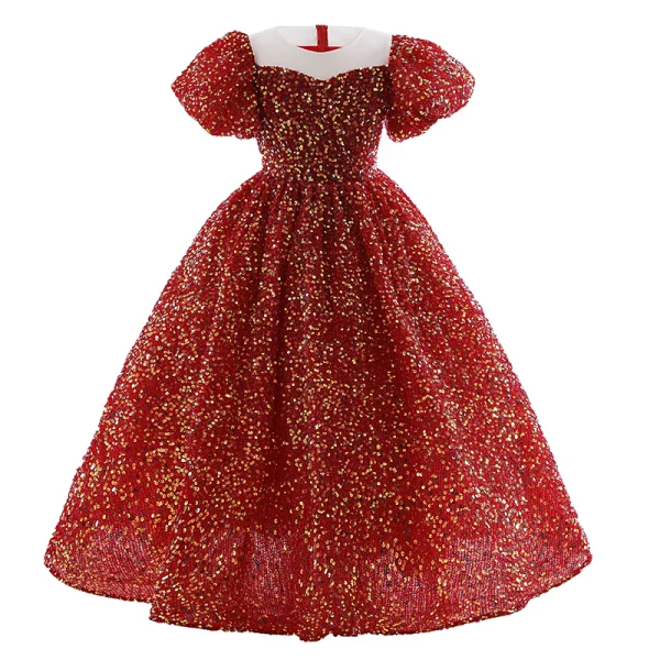 Scintillantes Rouge Paillettes Soirée Robe Ceremonie Fille 2022 Robe Boule Encolure Dégagée Gonflée Manches Courtes Longue Robe Ceremonie Fille