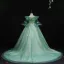 Chic / Beautiful Sage Green Appliques Lace Flower Pearl Cascading Ruffles Birthday Flower Girl Dresses 2024 Ball Gown V-Neck Short Sleeve Court Train