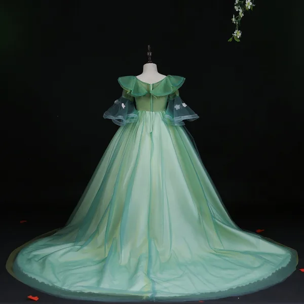 Flower Fairy Sage Green Appliques Lace Flower Birthday Flower Girl Dresses 2024 Ball Gown V-Neck Bell sleeves Court Train Flower Girl Dresses