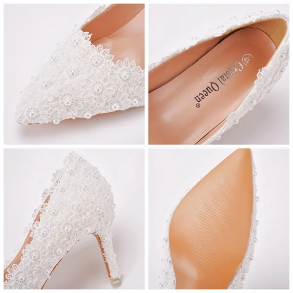 Chic / Beautiful White Pearl Lace Flower Wedding Shoes 2022 7 cm Stiletto Heels Pointed Toe Wedding Pumps High Heels