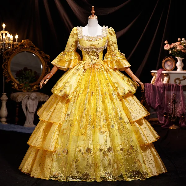 High-end Medieval Vintage / Retro Gold Cascading Ruffles Sequins Lace Flower Prom Dresses 2025 Ball Gown Square Neckline Bell sleeves Backless Floor-Length / Long
