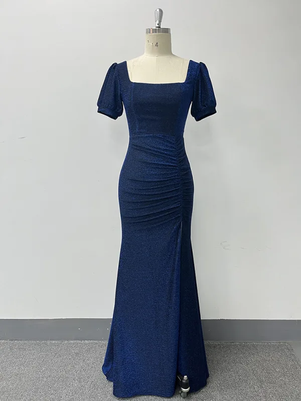 Sexy Bleu Marine Fendue devant Robe De Soirée 2024 Trompette / Sirène Encolure Carrée Manches Courtes Dos Nu Longue Soirée Robe De Ceremonie