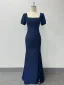 Sexy Bleu Marine Fendue devant Robe De Soirée 2024 Trompette / Sirène Encolure Carrée Manches Courtes Dos Nu Longue Soirée Robe De Ceremonie