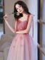 Charmant Rougissant Rose Paillettes Robe De Bal 2022 Princesse Bretelles Spaghetti Sans Manches En Dentelle Appliques Faux Diamant Dos Nu Mi-Longues Robe De Ceremonie