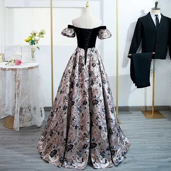 Elegant Black Printing Prom Dresses 2022 A-Line / Princess Off-The-Shoulder Puffy Short Sleeve Backless Floor-Length / Long Formal Dresses