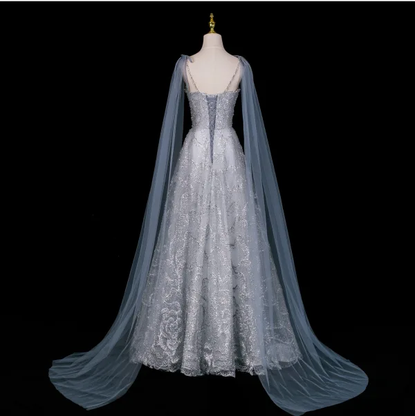 Schillernd Taubenblau Perlenstickerei Strass Pailletten Abendkleider 2026 A Linie Spaghettiträger Ärmellos Rückenfreies