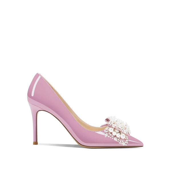 Sjarmerende Sukkertøyrosa Aften Perle Sløyfe Pumps 2024 Lær 8 cm Stiletthæler Spisse Pumps Høyhælte