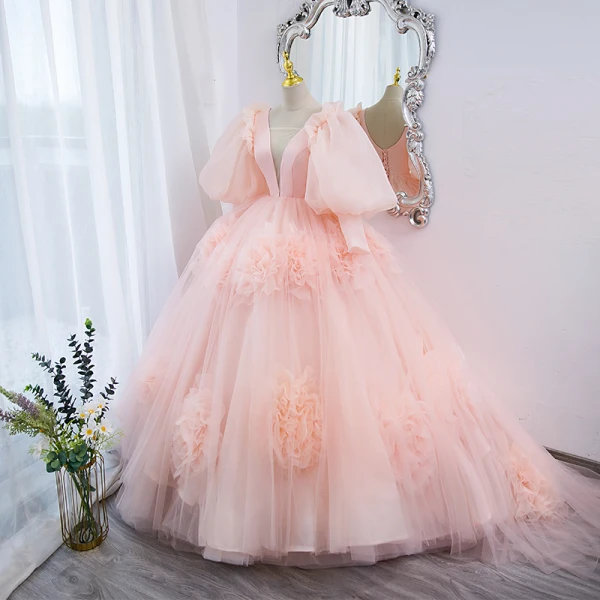 Schöne Rosa Blumen Ballkleider 2022 Ballkleid Eckiger Ausschnitt Geschwollenes 1/2 Ärmel Rückenfreies Sweep / Pinsel Zug Festliche Kleider