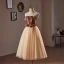 Chic / Beautiful Champagne Embroidered Homecoming Graduation Dresses 2024 A-Line / Princess Strapless Sleeveless Backless Tea-length Formal Dresses