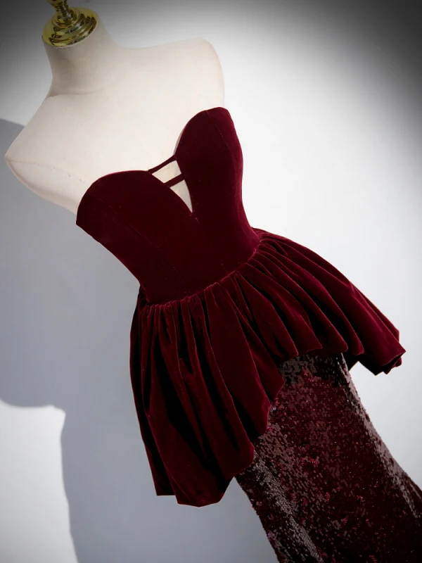 Sexy Burgundy Sequins Evening Dresses 2024 Trumpet / Mermaid Strapless Sleeveless Backless Floor-Length / Long Evening Party Formal Dresses