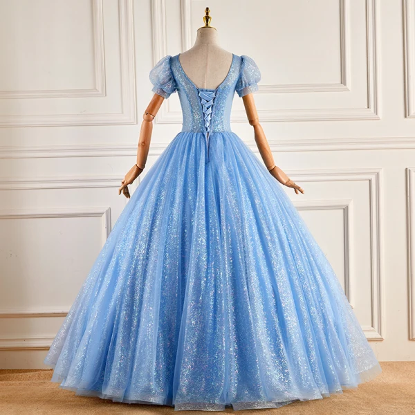 Elegant Pool Blue Lace Flower Sequins Prom Dresses 2022 Ball Gown V-Neck Short Sleeve Backless Floor-Length / Long Prom Formal Dresses