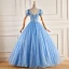 Elegant Pool Blue Lace Flower Sequins Prom Dresses 2022 Ball Gown V-Neck Short Sleeve Backless Floor-Length / Long Prom Formal Dresses