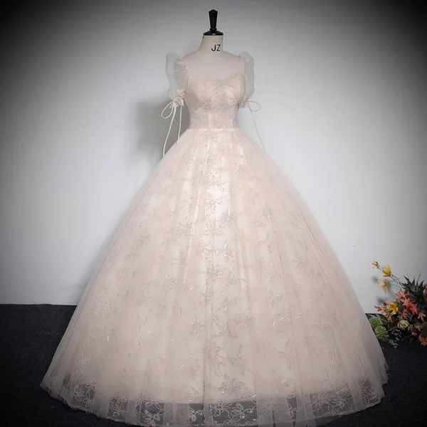 Elegant Champagne Printing Prom Dresses 2023 Ball Gown Square Neckline Short Sleeve Backless Floor-Length / Long Prom Formal Dresses