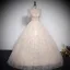 Elegant Champagne Printing Prom Dresses 2023 Ball Gown Square Neckline Short Sleeve Backless Floor-Length / Long Prom Formal Dresses