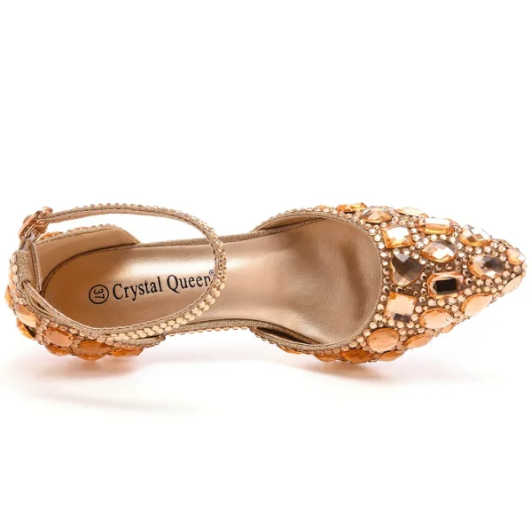 Charmant Doré Soirée Cristal Sandales Femme 2023 Bride Cheville Faux Diamant 5 cm Talons Aiguilles À Bout Pointu Sandales Talons Hauts