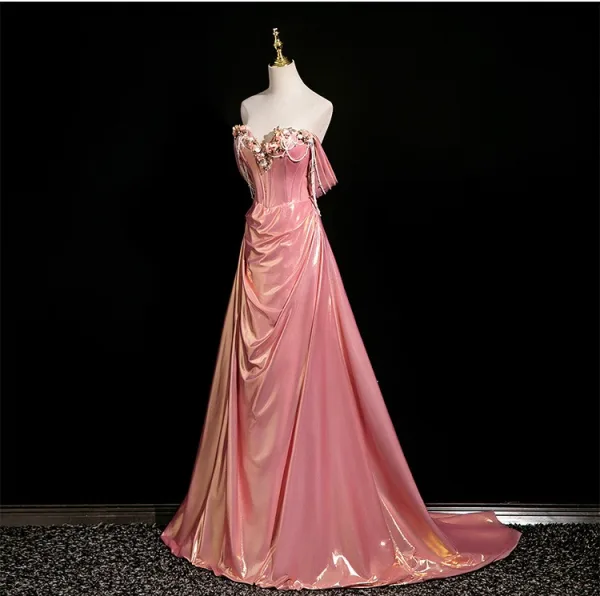 Schöne Rosa Perlenstickerei Applikationen Ballkleider 2025 A Linie Off Shoulder Ärmellos Rückenfreies Sweep / Pinsel Zug Ball Festliche Kleider