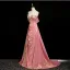 Schöne Rosa Perlenstickerei Applikationen Ballkleider 2025 A Linie Off Shoulder Ärmellos Rückenfreies Sweep / Pinsel Zug Ball Festliche Kleider