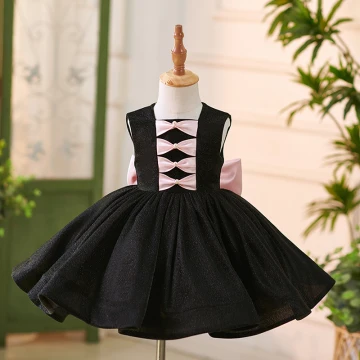Audrey Hepburn Style Black Short Birthday Flower Girl Dresses 2024 Ball Gown Scoop Neck Bow Sleeveless