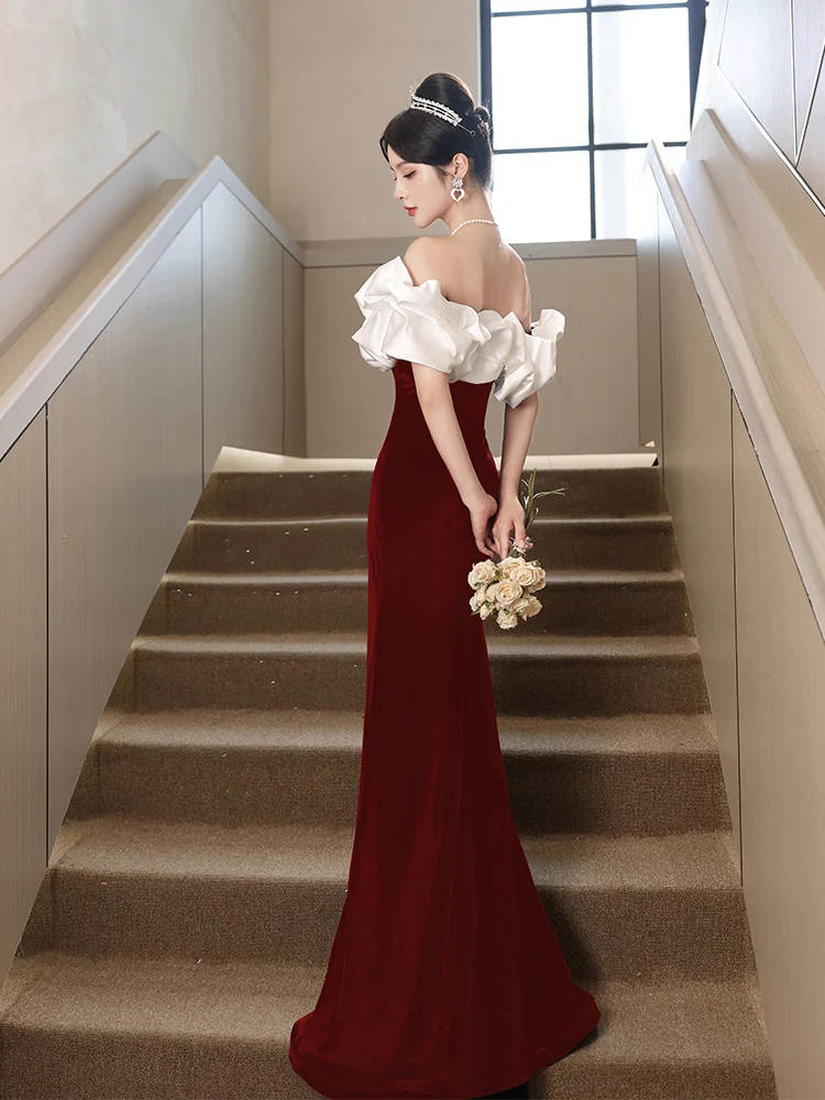 green emerald velvet dress Burgundy Velvet Mermaid Long Prom Dress, Velvet Burgundy Long Formal D –  toptby main image 1