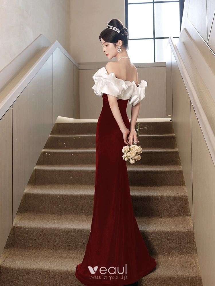 burgundy velvet formal dress Burgundy Velvet Evening Dress with Pearl Chains - Off-the-Shoulder Dress with Sleeves main image 0