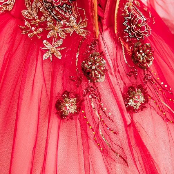 Élégant Rouge Perle Paillettes En Dentelle Fleur Robe De Bal 2022 Robe Boule Col Haut Manches Longues Dos Nu Longue Promo Robe De Ceremonie