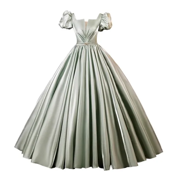 Modest / Simple Sage Green Satin Prom Dresses 2023 Ball Gown Square Neckline Puffy Short Sleeve Backless Floor-Length / Long Prom Formal Dresses