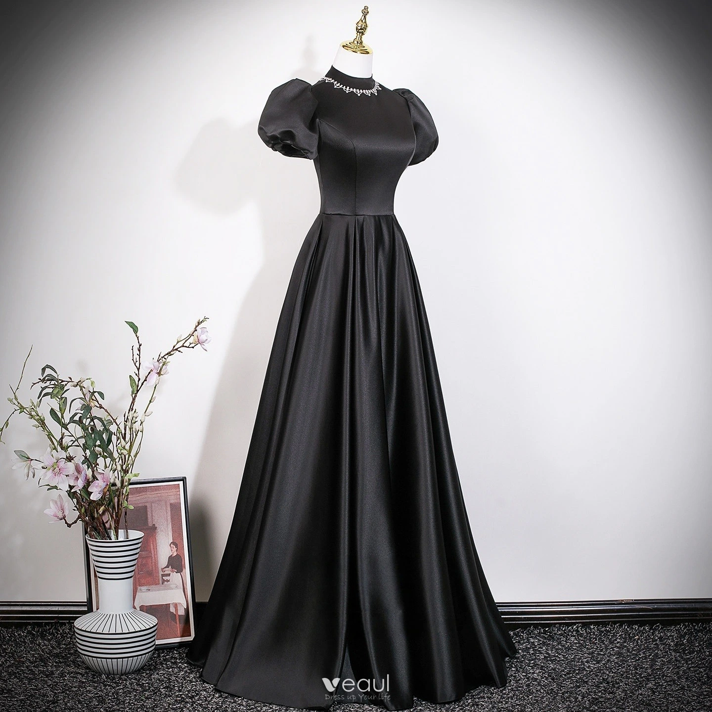 Audrey Hepburn Style Black Prom Dresses 2026 A-Line Princess High Neck Puffy Short Long