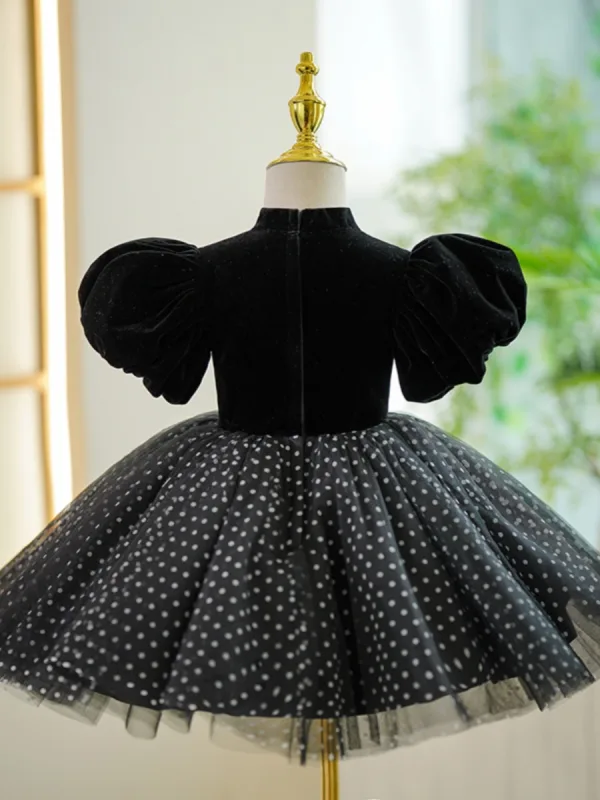Audrey Hepburn Style Black Birthday Pearl Spotted Flower Girl Dresses 2023 Ball Gown High Neck Puffy Short Sleeve Short