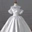 Vintage / Retro Modest / Simple White Satin Wedding Dresses 2024 Ball Gown Off-The-Shoulder Short Sleeve Backless Floor-Length / Long Wedding