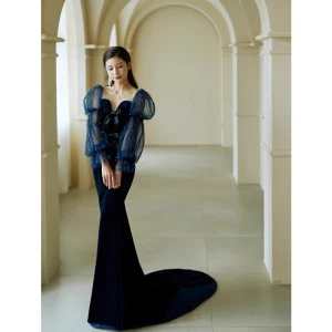 Mode Bleu Marine Paillettes Velours Robe De Soirée 2023 Trompette Sirène Encolure Carrée Noeud Manches Longues Dos Nu Train De Balayage Soirée Robe De Ceremonie