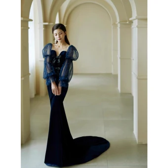 Mode Bleu Marine Paillettes Velours Robe De Soirée 2023 Trompette Sirène Encolure Carrée Noeud Manches Longues Dos Nu Train De Balayage Soirée Robe De Ceremonie