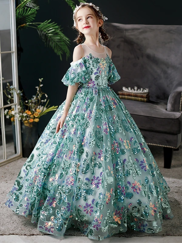 Vintage / Retro Green Sequins Birthday Flower Girl Dresses 2024 Ball Gown Scoop Neck Short Sleeve Floor-Length / Long