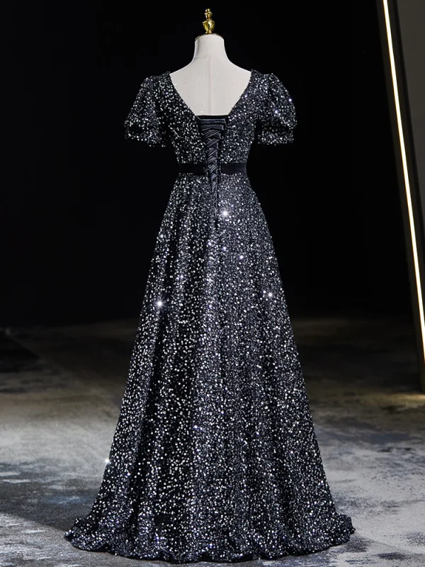 Scintillantes Noire Paillettes Robe De Bal 2024 Princesse Encolure Carrée Noeud Manches Courtes Dos Nu Longue Promo Robe De Ceremonie