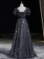 Scintillantes Noire Paillettes Robe De Bal 2024 Princesse Encolure Carrée Noeud Manches Courtes Dos Nu Longue Promo Robe De Ceremonie