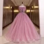 Charming Fuchsia Pearl Prom Dresses 2022 Ball Gown Spaghetti Straps Bow Sleeveless Backless Lace Flower Floor-Length / Long Formal Dresses