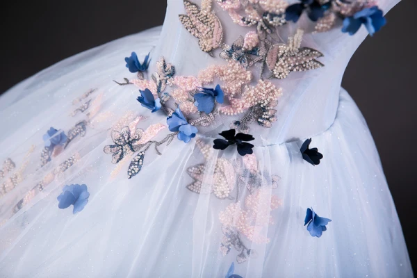Chic / Beautiful Sky Blue Beading Sequins Appliques Prom Dresses 2023 Ball Gown Off-The-Shoulder Sleeveless Backless Floor-Length / Long Formal Dresses