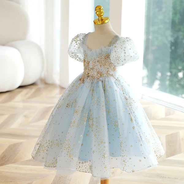 Fashion Sky Blue Star Sequins Birthday Flower Girl Dresses 2023 Ball Gown Square Neckline Short Sleeve Backless Floor-Length / Long Flower Girl Dresses