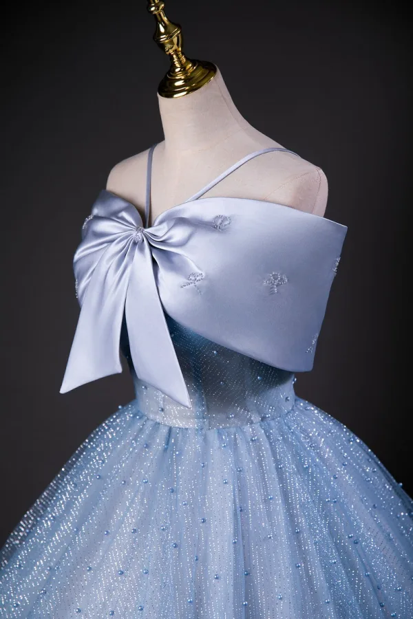 Bling Bling Sky Blue Bow Pearl Sequins Prom Dresses 2026 Ball Gown Spaghetti Straps Sleeveless Backless Floor-Length / Long Formal Dresses